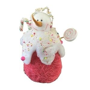 Raz Vintage Festive Snowman Figurine with Pink Base